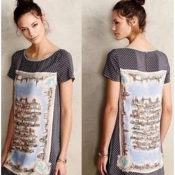 Anthropologie Maeve Silk Dress, Sketchbook Style World Sites/ Travel Size L EUC - Picture 1 of 10